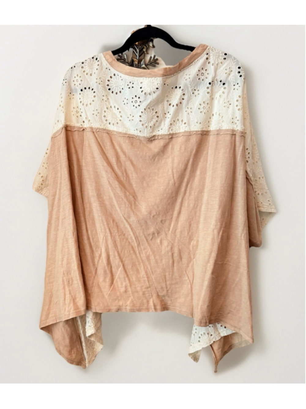 Oli & Hali XL Boho Eyelet Lace Top Tan & Cream Oversized Cottagecore Cotton - Picture 6 of 10